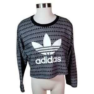 Adidas Top Sweatshirt Long Sleeve Cropped Black White Pattern Graphic Logo Sz Sm